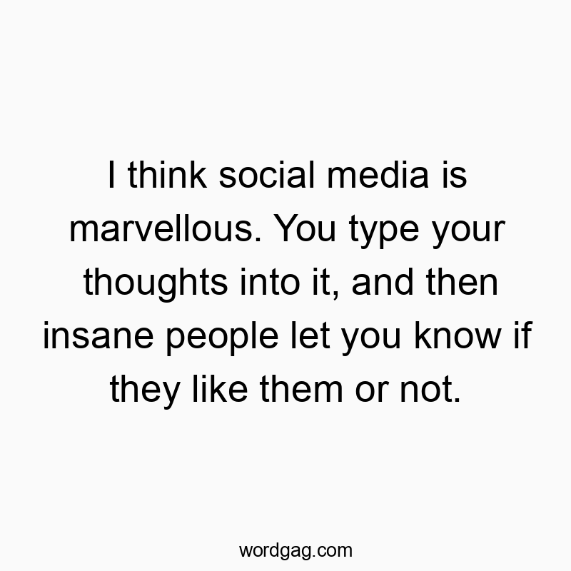 Funny media quotes - I think social media is marvellous. You type your thoughts into it, and then insane people let you know if they like them or not.