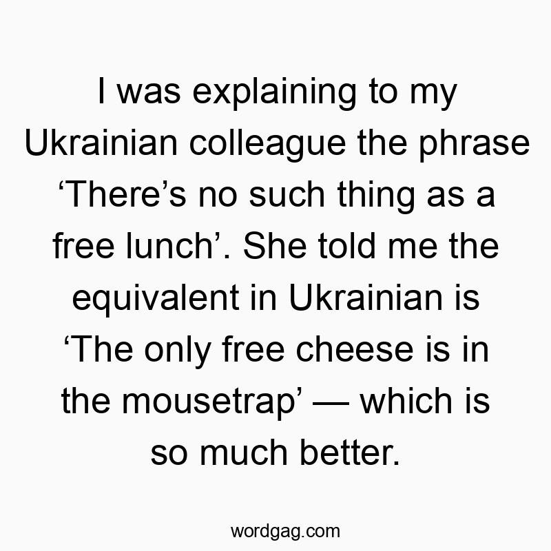 I was explaining to my Ukrainian colleague the phrase ‘There’s no such thing as a free lunch’. She told me the equivalent in Ukrainian is ‘The only free cheese is in the mousetrap’ — which is so much better.
