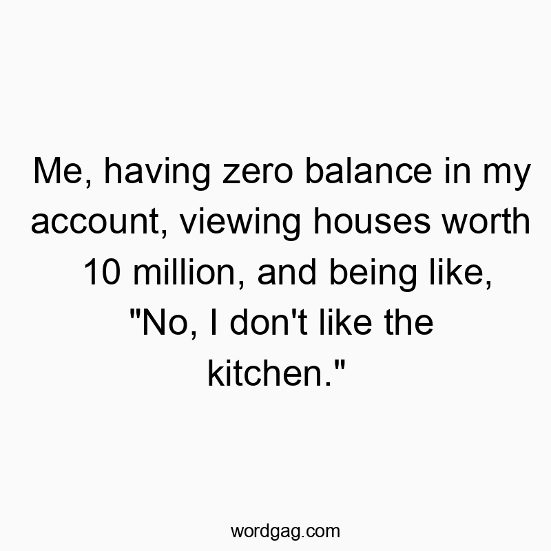 Humorous text about dreaming big while broke, dismissing luxury kitchens with humor.