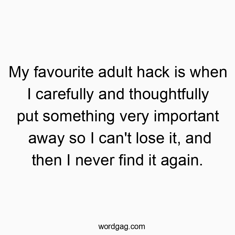 My favourite adult hack is when I carefully and thoughtfully put something very important away so I can’t lose it, and then I never find it again.