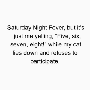 Saturday Night Fever, but it’s just me yelling, “Five, six, seven, eight!” while my cat lies down and refuses to participate.