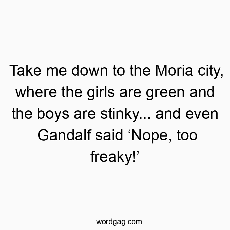Funny geek quotes - Take me down to the Moria city, where the girls are green and the boys are stinky… and even Gandalf said ‘Nope, too freaky!’