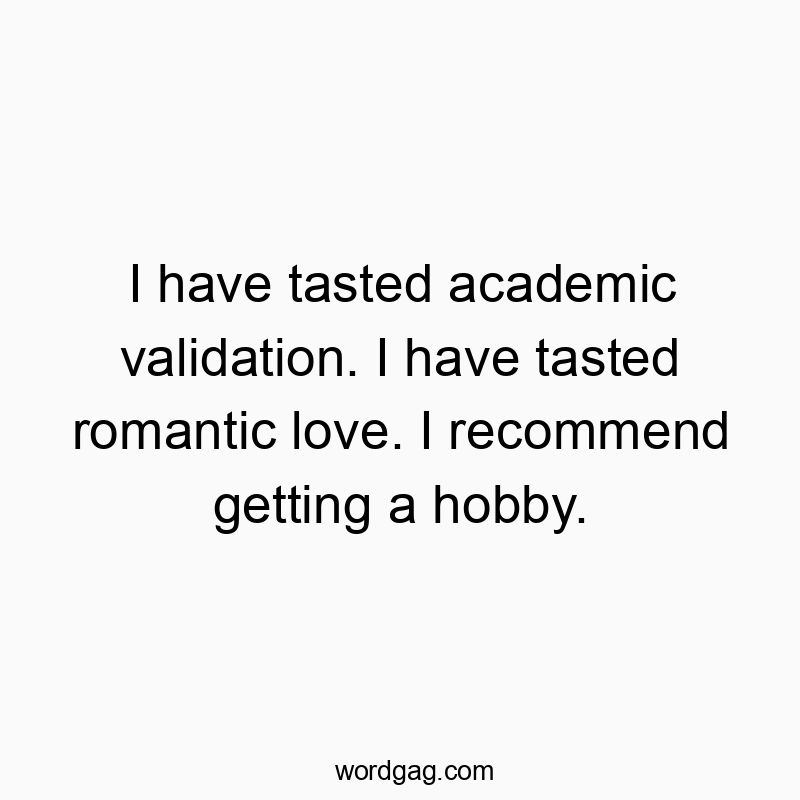 I have tasted academic validation. I have tasted romantic love. I recommend getting a hobby.