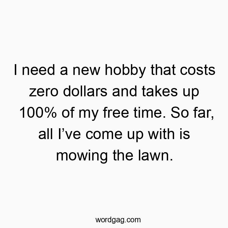I need a new hobby that costs zero dollars and takes up 100% of my free time. So far, all Iโve come up with is mowing the lawn.