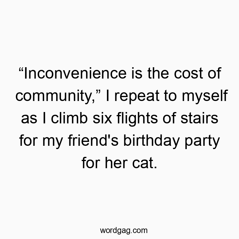 Funny climb quotes - “Inconvenience is the cost of community,” I repeat to myself as I climb six flights of stairs for my friend’s birthday party for her cat.