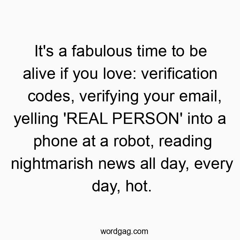 It’s a fabulous time to be alive if you love: verification codes, verifying your email, yelling ‘REAL PERSON’ into a phone at a robot, reading nightmarish news all day, every day, hot.