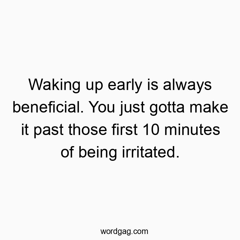 Clever humorous quote about morning struggles and irritability in waking up.