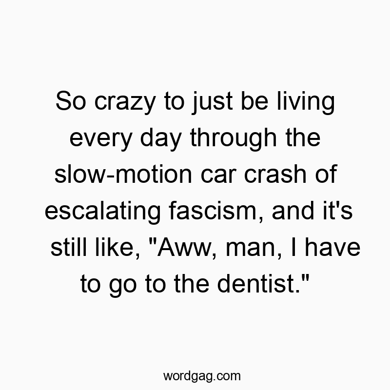 462 Funny frustration quotes - So crazy to just be living every day through the slow-motion car crash of escalating fascism, and it’s still like, “Aww, man, I have to go to the dentist.”