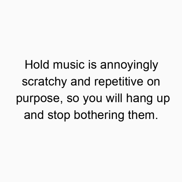 Hold music is annoyingly scratchy and repetitive on purpose, so you will hang up and stop bothering them.