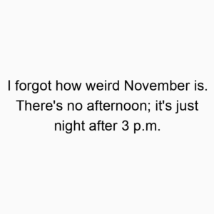 I forgot how weird November is. There’s no afternoon; it’s just night after 3 p.m.