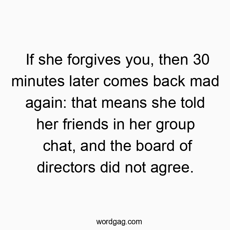 Funny communication quotes - If she forgives you, then 30 minutes later comes back mad again: that means she told her friends in her group chat, and the board of directors did not agree.