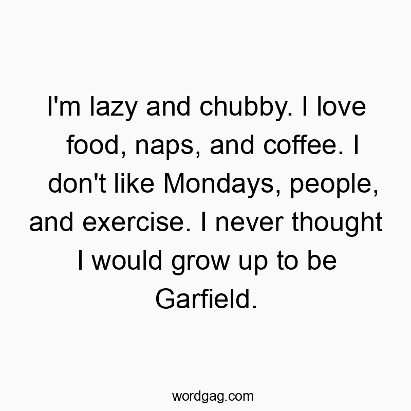I’m lazy and chubby. I love food, naps, and coffee. I don’t like Mondays, people, and exercise. I never thought I would grow up to be Garfield.