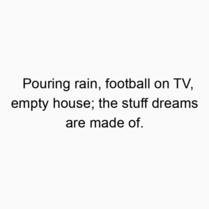 Pouring rain, football on TV, empty house; the stuff dreams are made of.