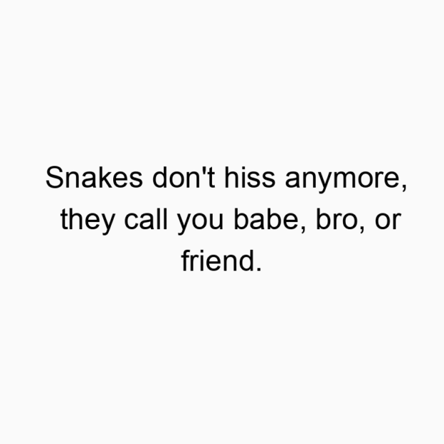 Snakes don’t hiss anymore, they call you babe, bro, or friend.