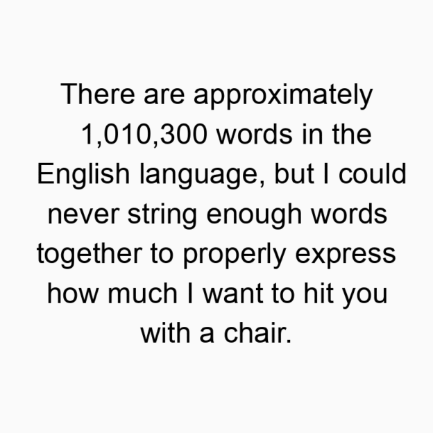 Funny properly quotes - There are approximately 1,010,300 words in the English language, but I could never string enough words together to properly express how much I want to hit you with a chair.