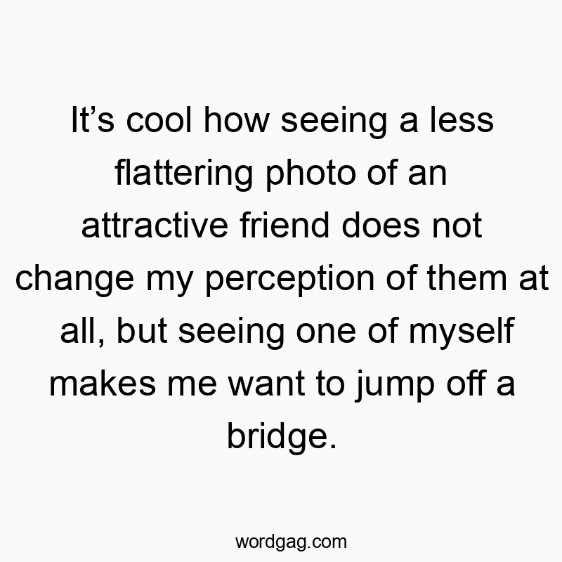 It’s cool how seeing a less flattering photo of an attractive friend does not change my perception of them at all, but seeing one of myself makes me want to jump off a bridge.