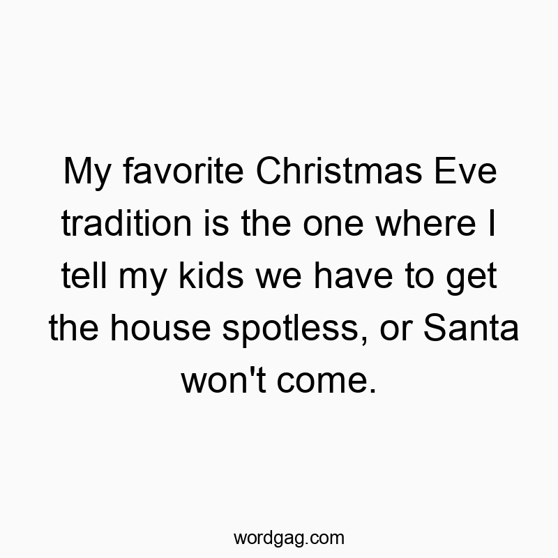 Funny holiday quote about convincing kids Santa won't come without a spotless house.