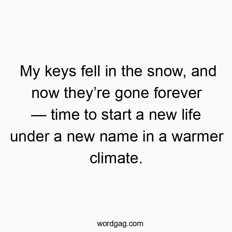 My keys fell in the snow, and now they’re gone forever — time to start a new life under a new name in a warmer climate.