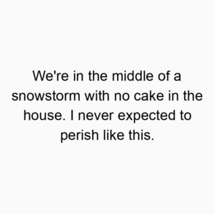 We’re in the middle of a snowstorm with no cake in the house. I never expected to perish like this.
