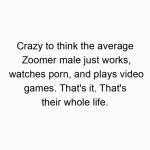 Crazy to think the average Zoomer male just works, watches porn, and plays video games. That’s it. That’s their whole life.