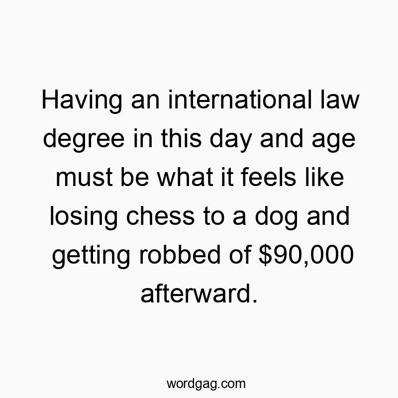 Having an international law degree in this day and age must be what it feels like losing chess to a dog and getting robbed of $90,000 afterward.